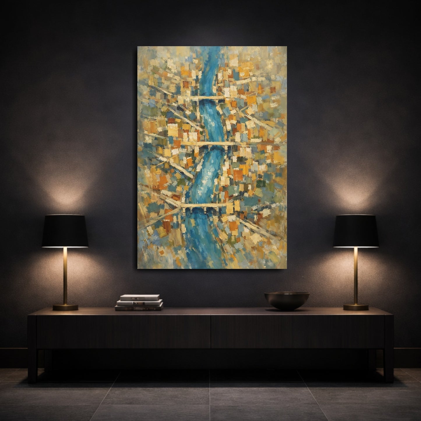 Mockup 2. Abstract City River Blue And Gold Cityscape shown as stretched canvas wall art