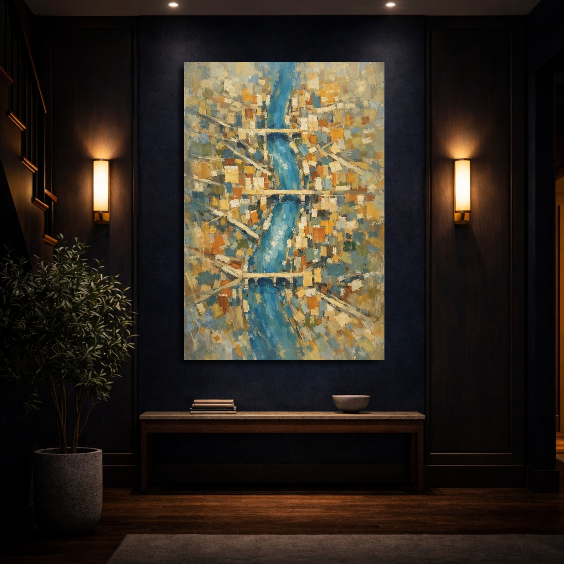Mockup 3. Abstract City River Blue And Gold Cityscape shown as stretched canvas wall art