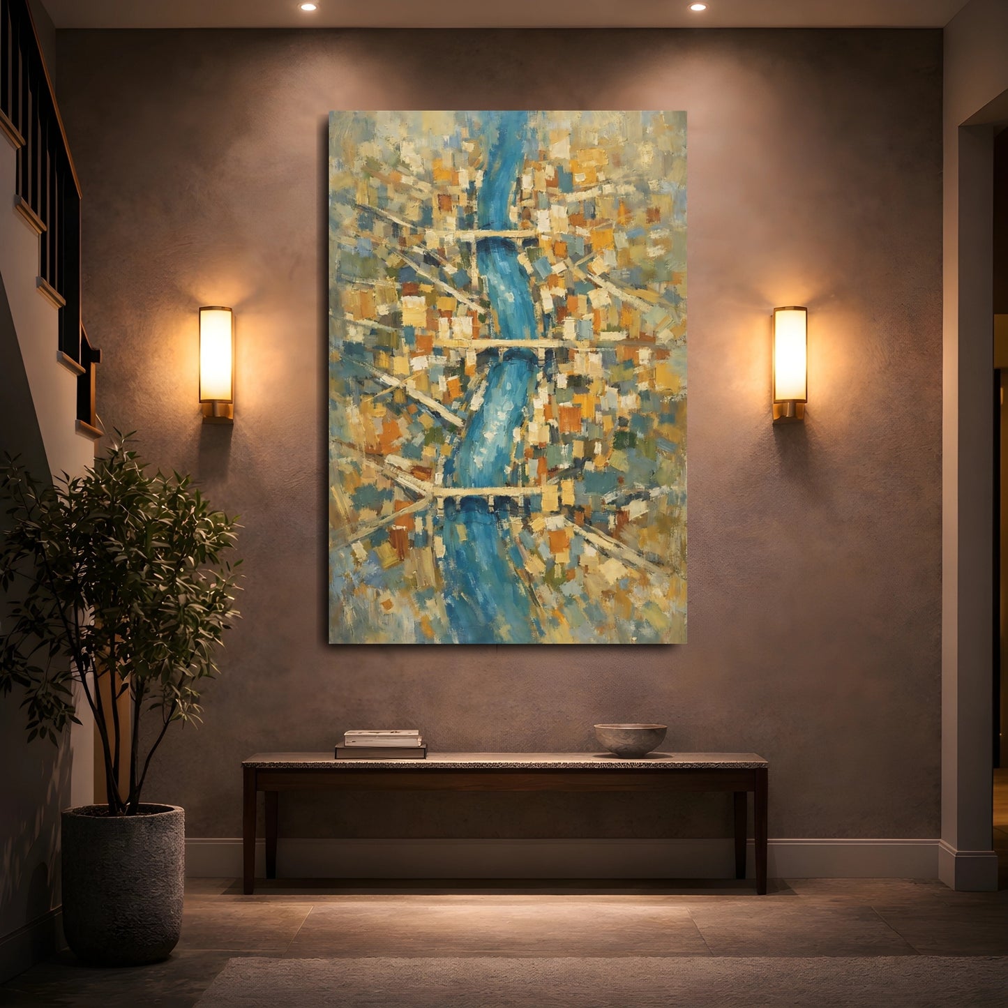 Mockup 4. Abstract City River Blue And Gold Cityscape shown as stretched canvas wall art