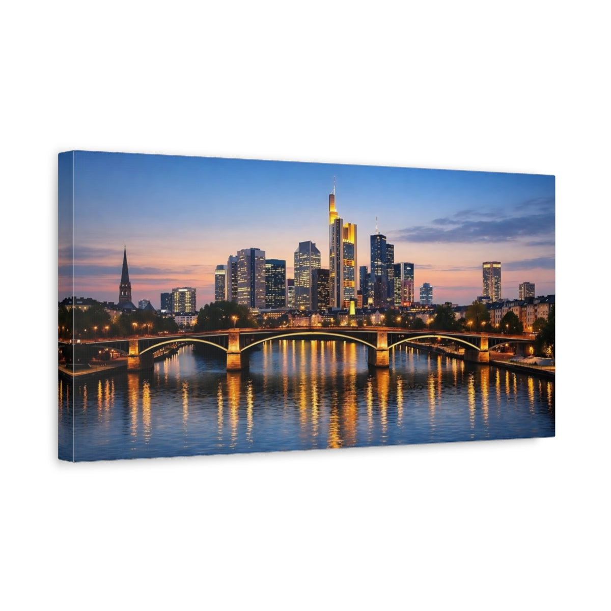 Side Mockup 3. Abstract City Skyline City At Dusk shown as stretched canvas wall art