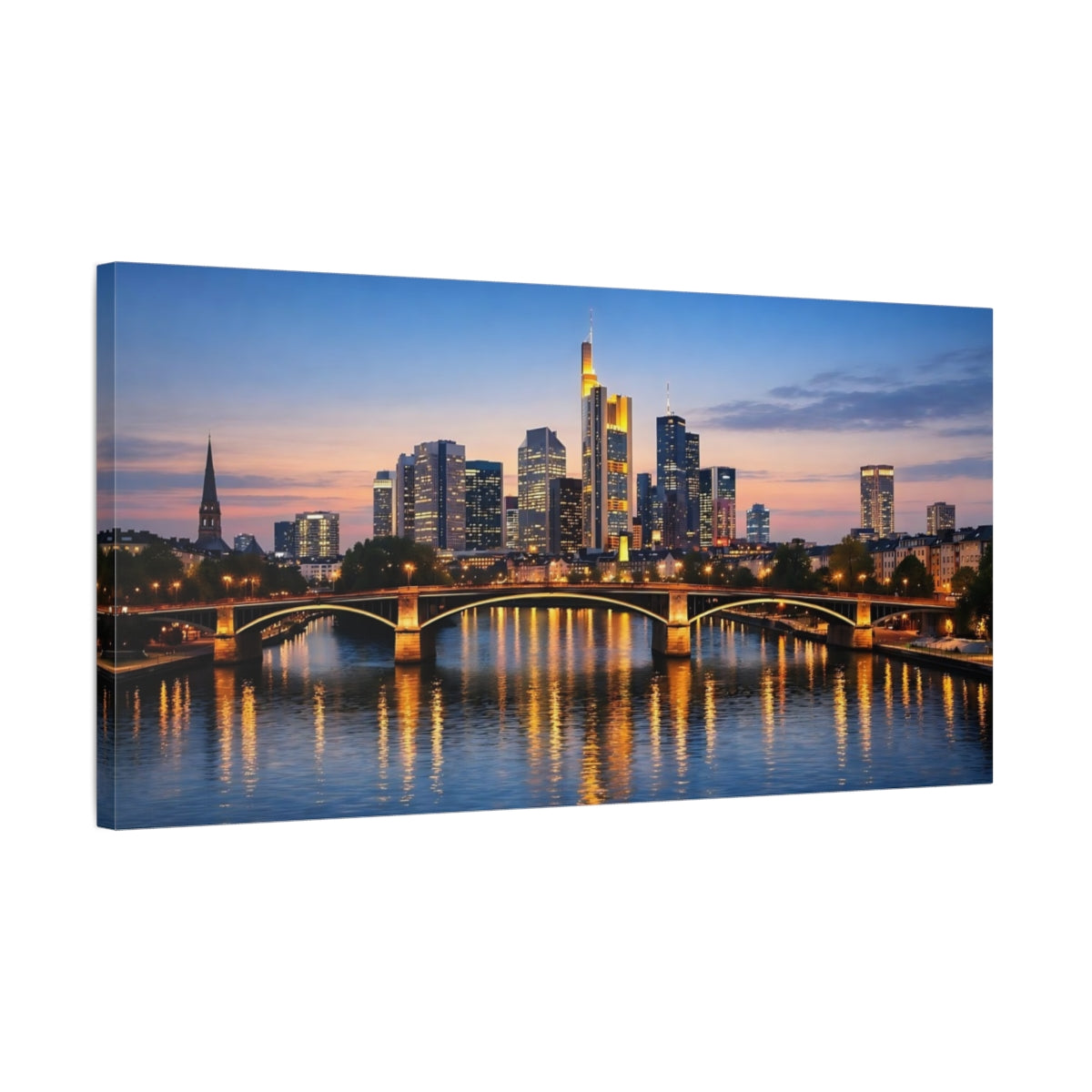 Side Mockup 2. Abstract City Skyline City At Dusk shown as stretched canvas wall art