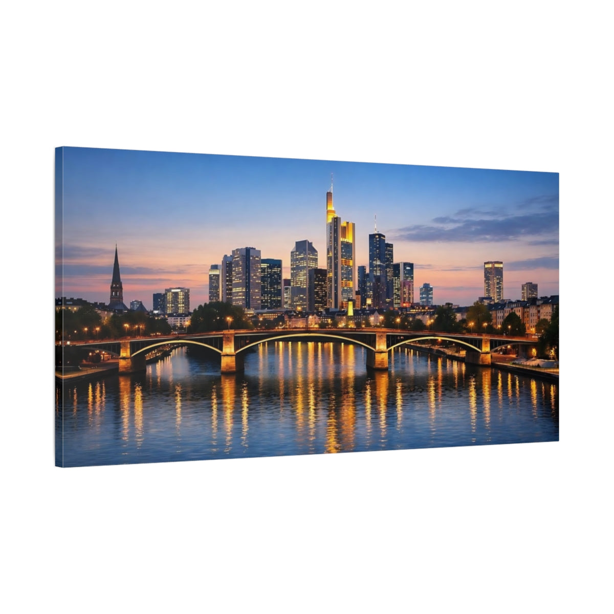 Side Mockup 1. Abstract City Skyline City At Dusk shown as stretched canvas wall art
