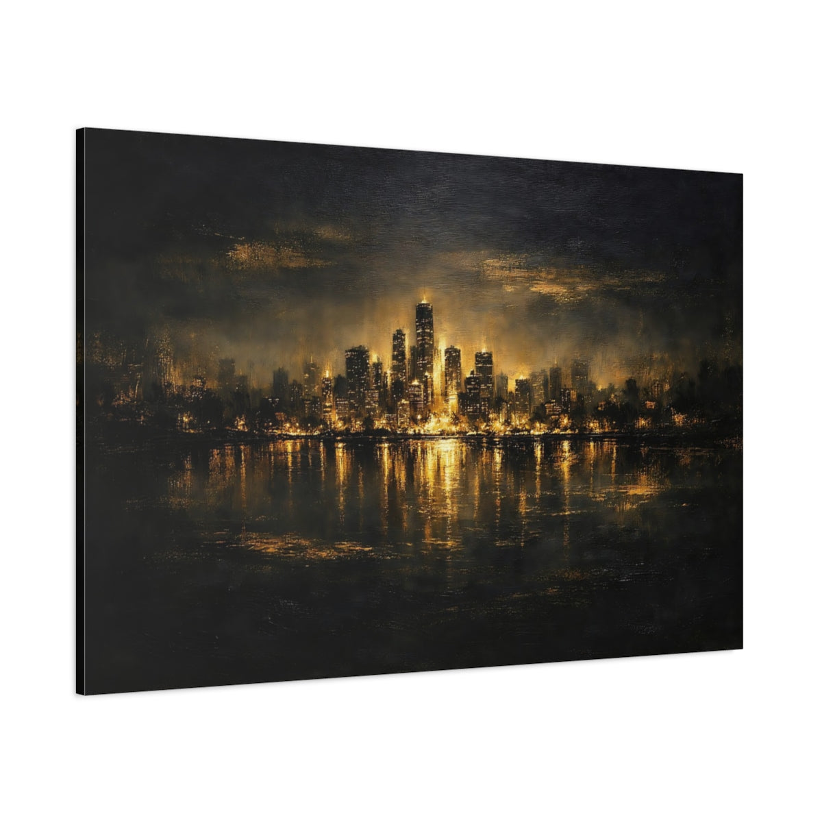 Main Mockup. Abstract City Skyline Black And Gold shown as stretched canvas wall art