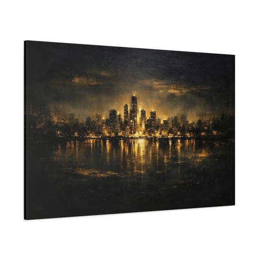 Main Mockup. Abstract City Skyline Black And Gold shown as stretched canvas wall art