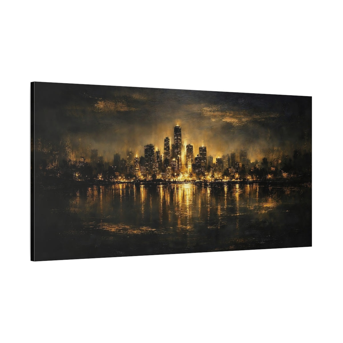 Main Mockup. Abstract City Skyline Black And Gold shown as stretched canvas wall art