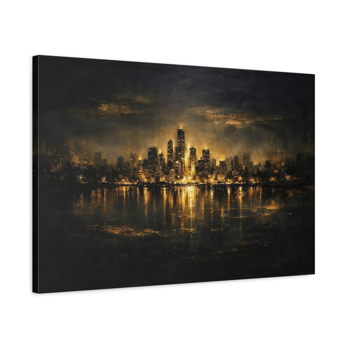 Side Mockup 2. Abstract City Skyline Black And Gold shown as stretched canvas wall art