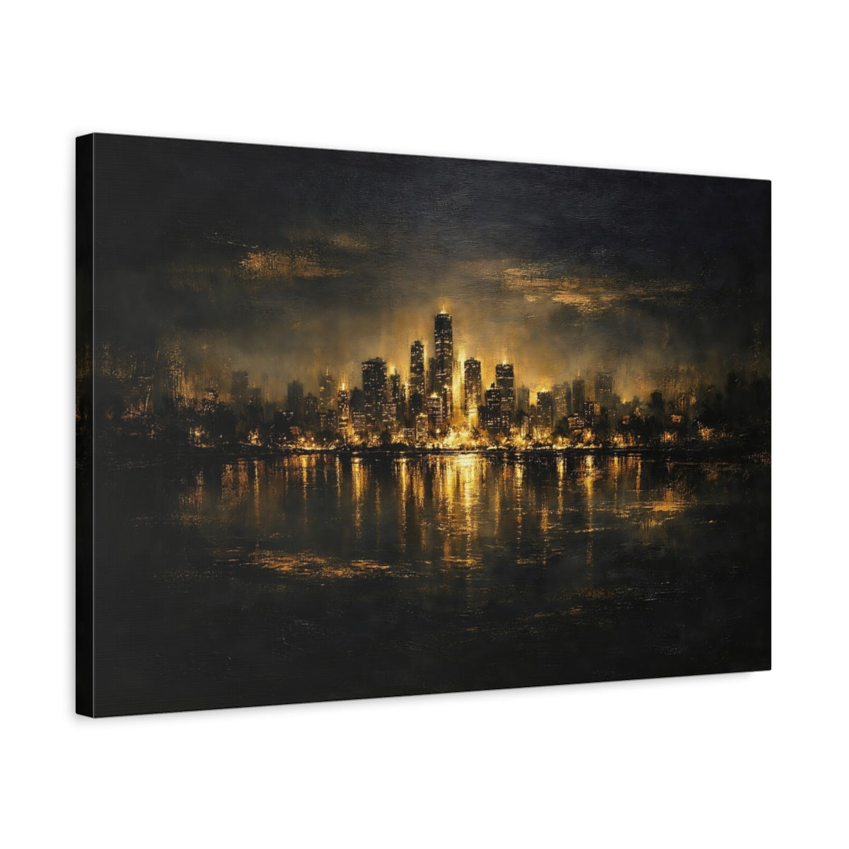 Side Mockup 3. Abstract City Skyline Black And Gold shown as stretched canvas wall art