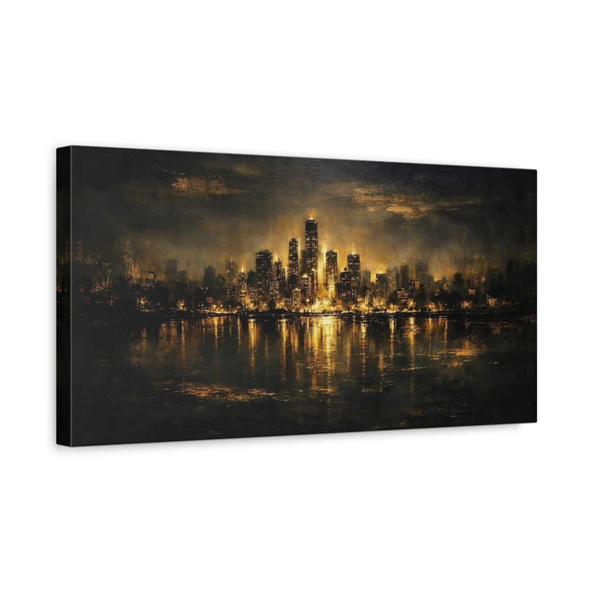 Side Mockup 3. Abstract City Skyline Black And Gold shown as stretched canvas wall art