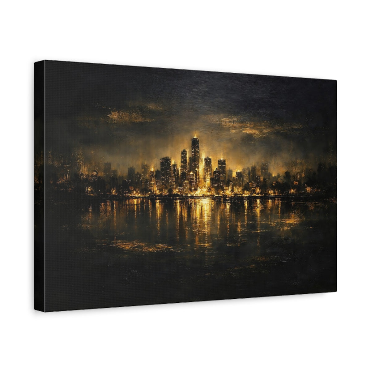 Side Mockup 4. Abstract City Skyline Black And Gold shown as stretched canvas wall art