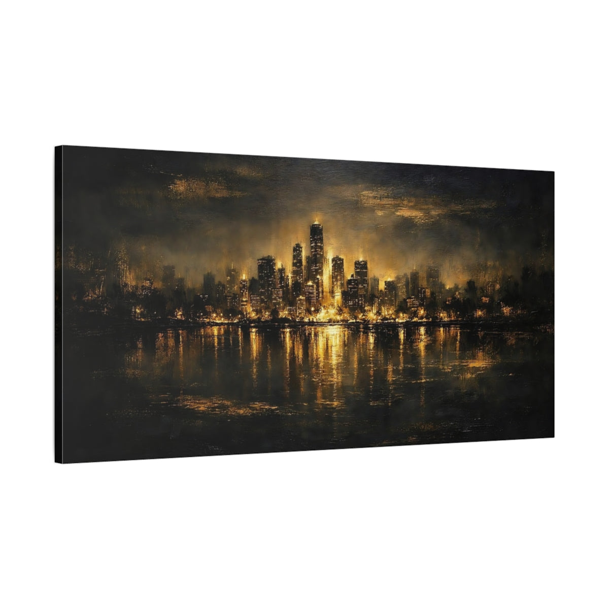 Side Mockup 1. Abstract City Skyline Black And Gold shown as stretched canvas wall art