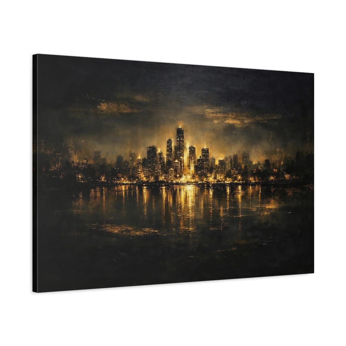 Side Mockup 1. Abstract City Skyline Black And Gold shown as stretched canvas wall art