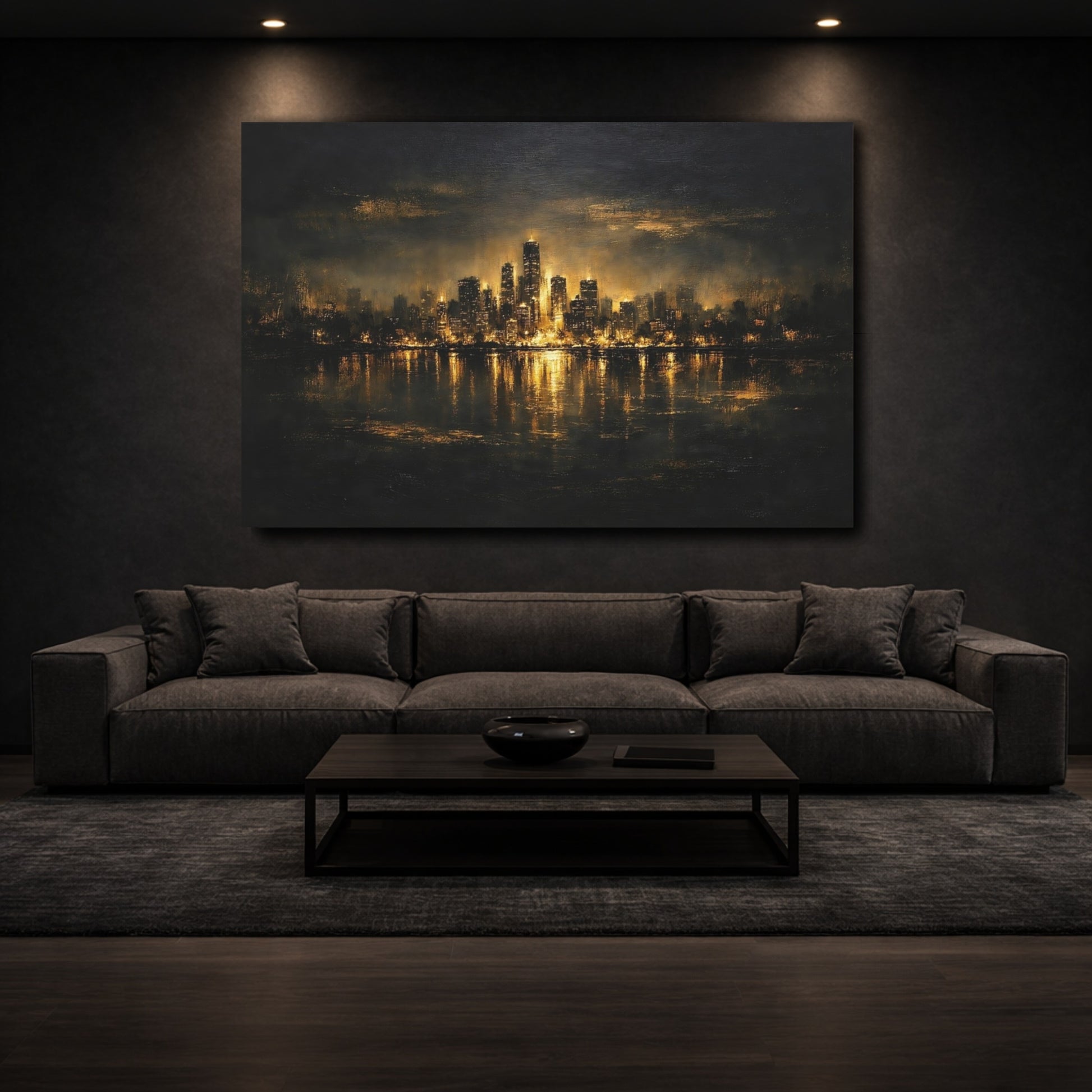 Mockup 2. Abstract City Skyline Black And Gold shown as stretched canvas wall art