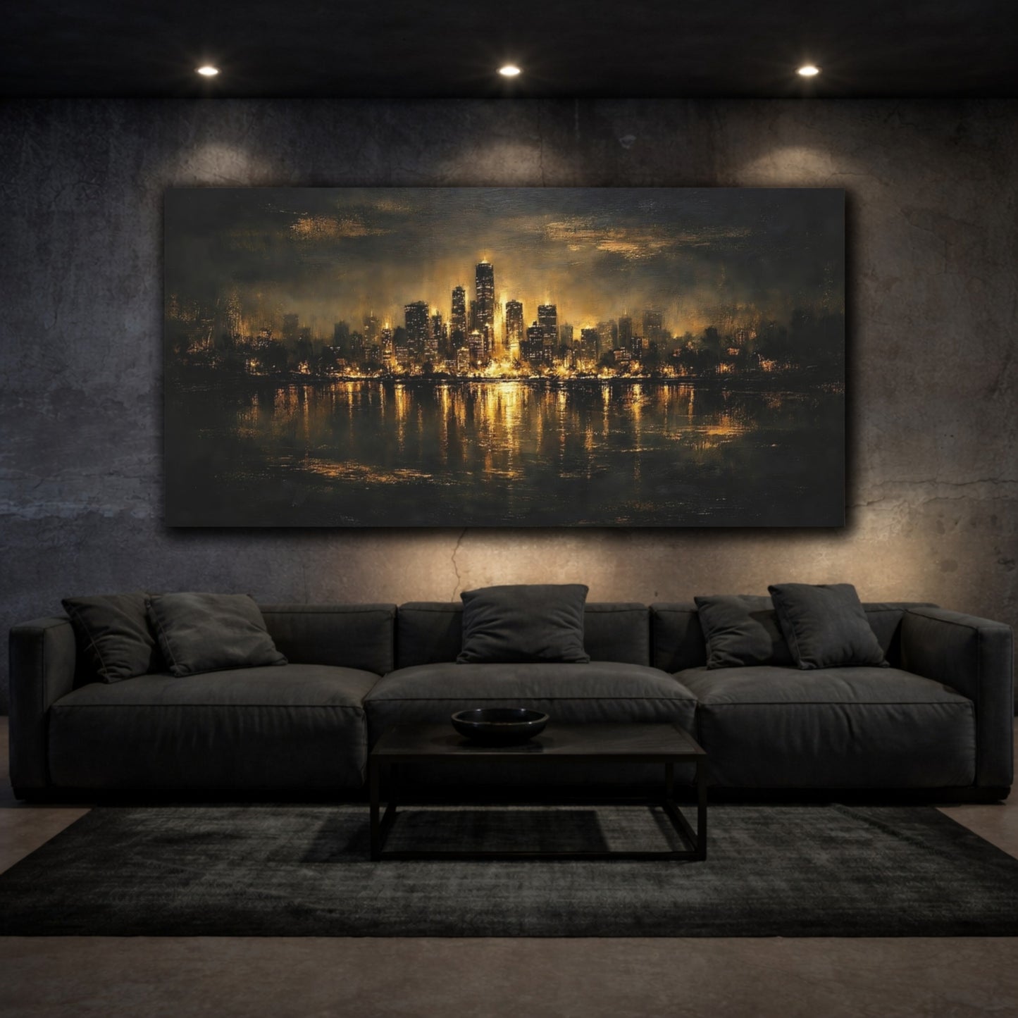Mockup 2. Abstract City Skyline Black And Gold shown as stretched canvas wall art