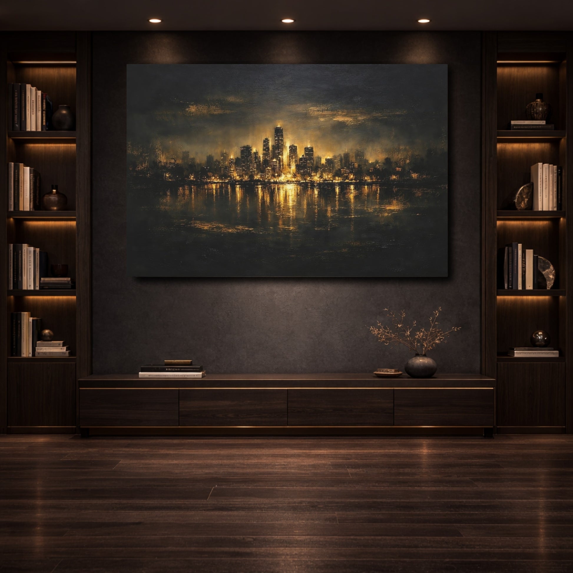 Mockup 3. Abstract City Skyline Black And Gold shown as stretched canvas wall art