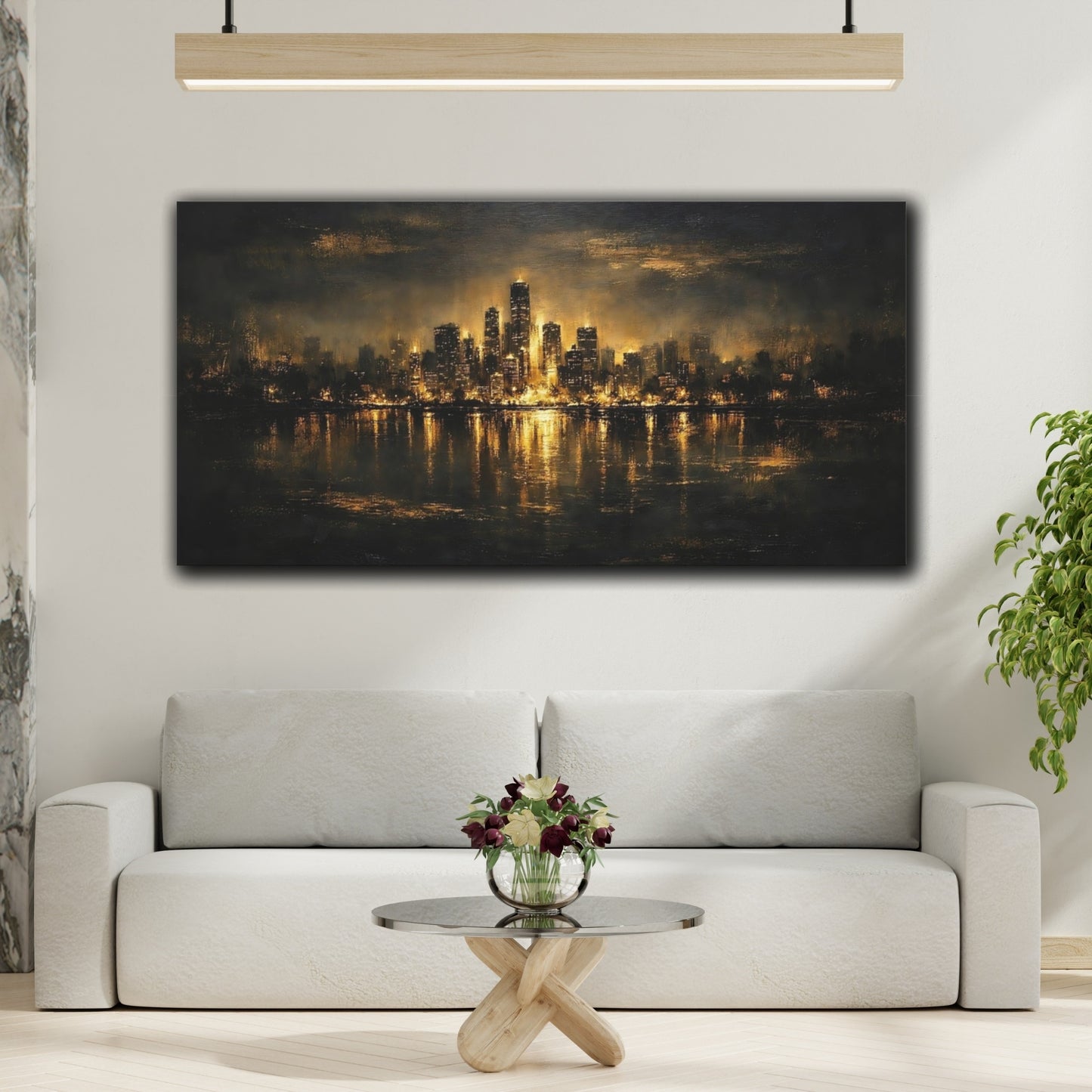 Mockup 3. Abstract City Skyline Black And Gold shown as stretched canvas wall art