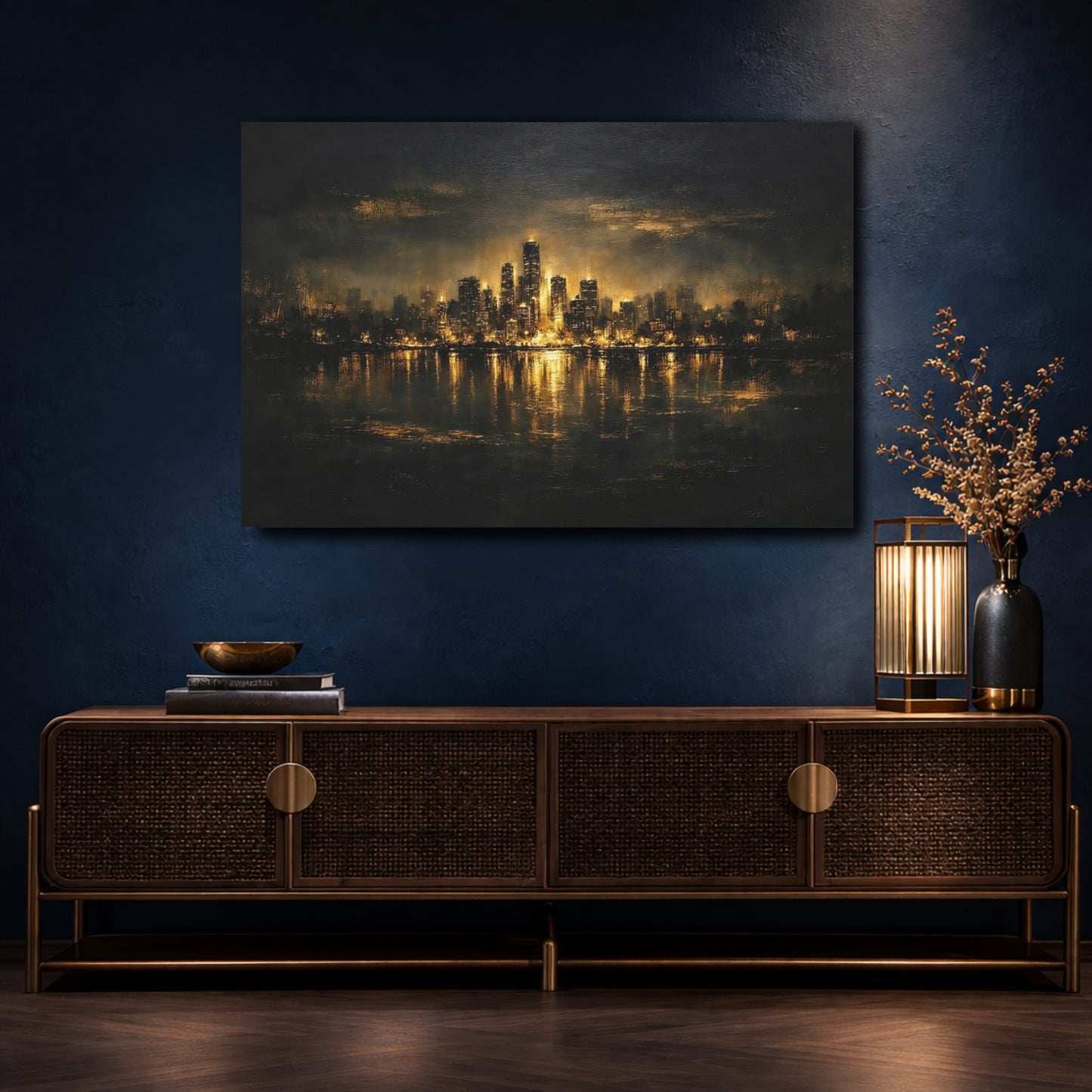 Mockup 4. Abstract City Skyline Black And Gold shown as stretched canvas wall art