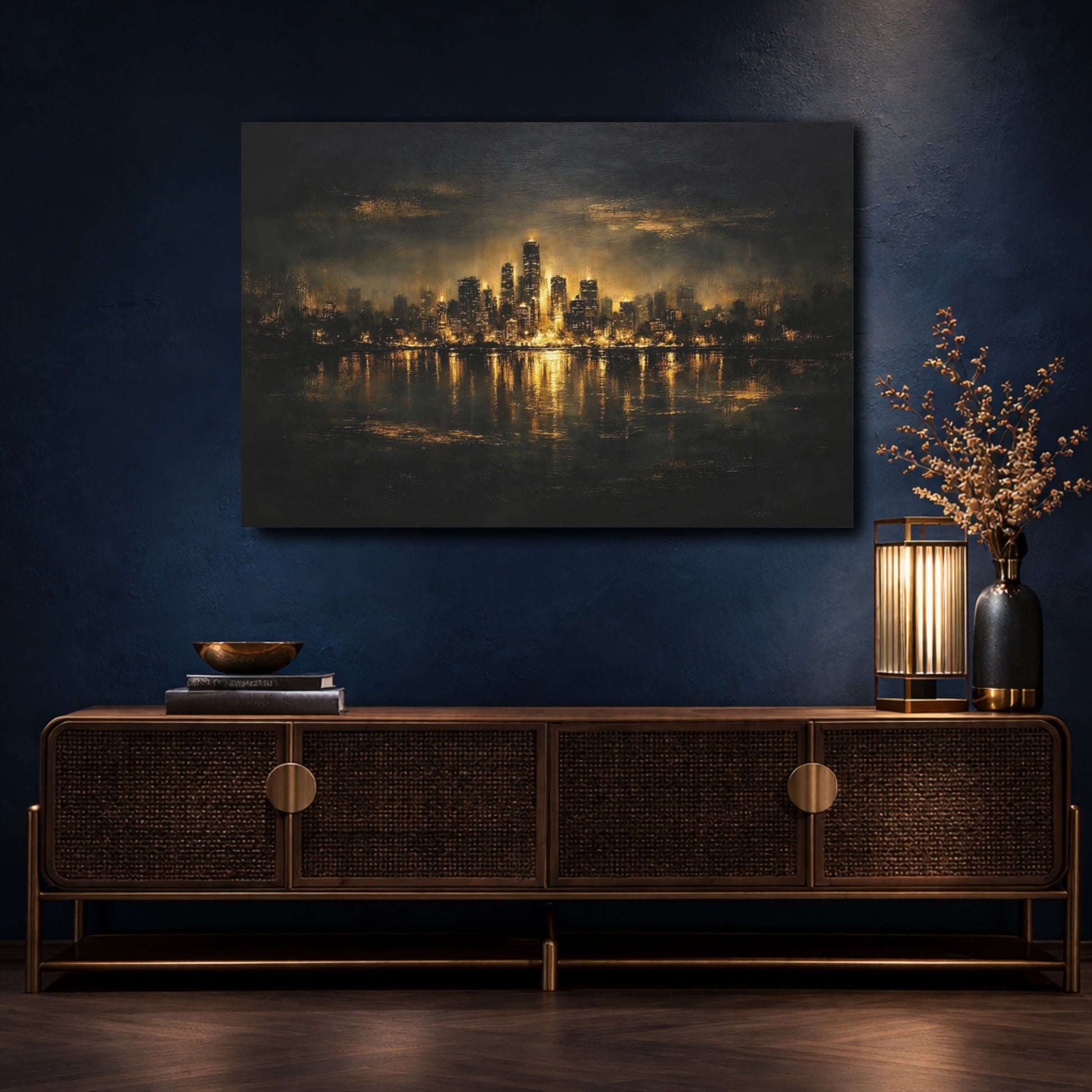 Mockup 4. Abstract City Skyline Black And Gold shown as stretched canvas wall art