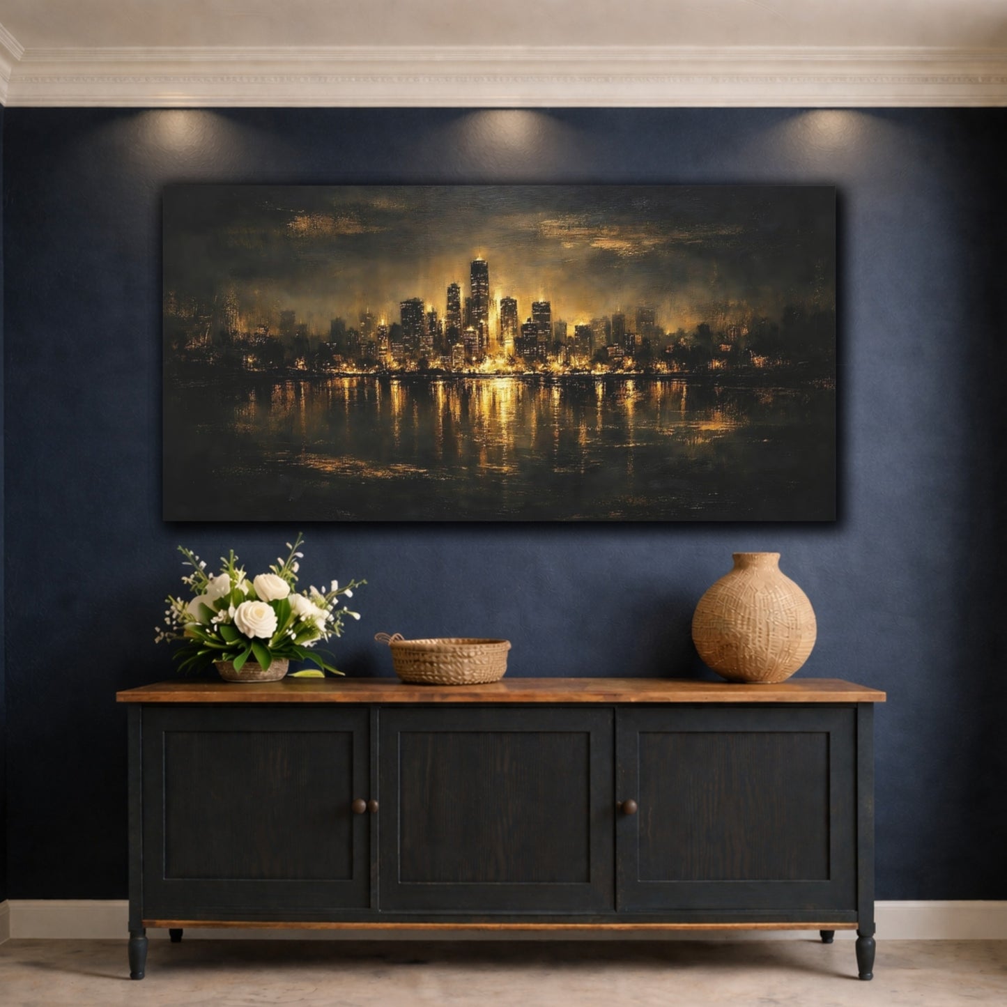 Mockup 4. Abstract City Skyline Black And Gold shown as stretched canvas wall art
