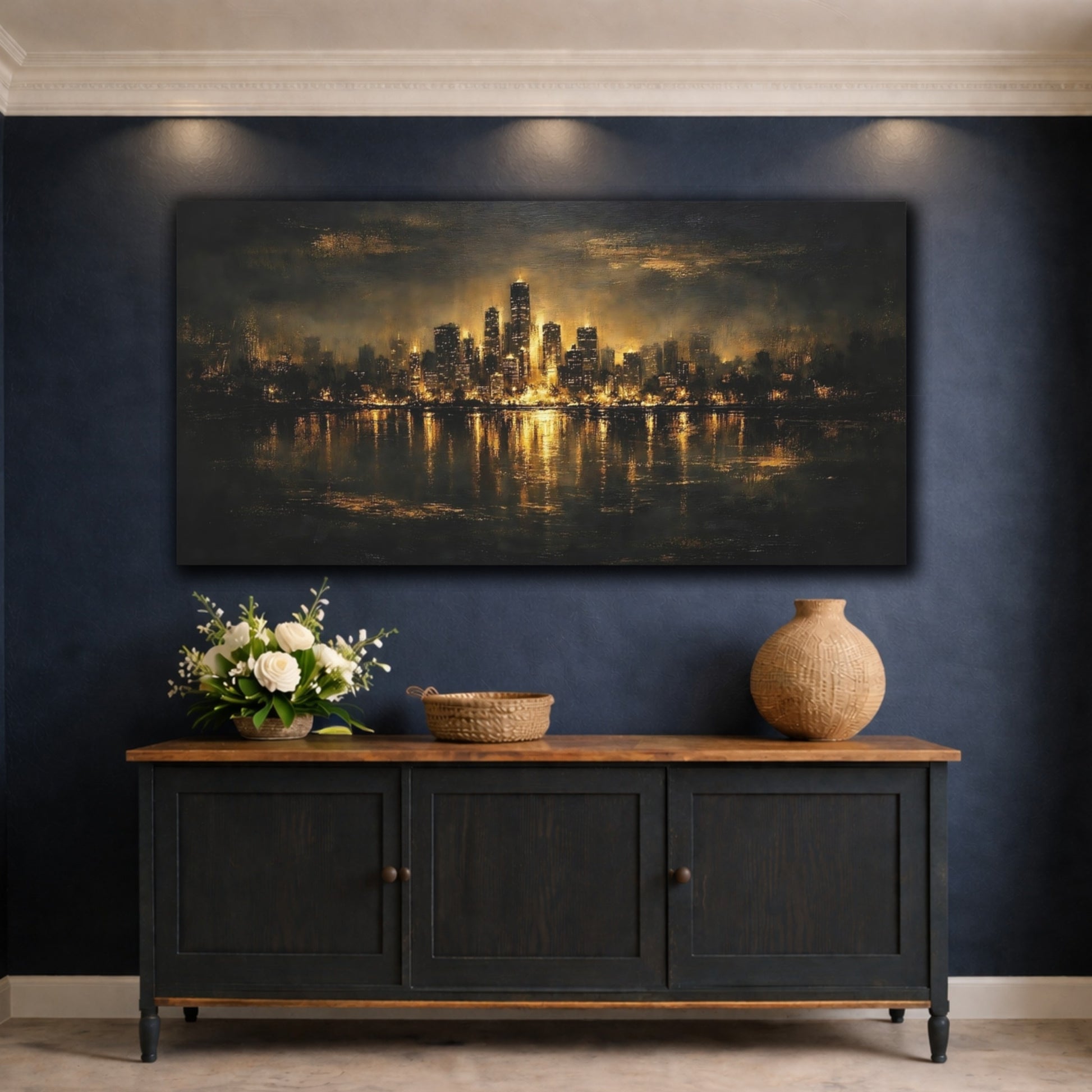 Mockup 4. Abstract City Skyline Black And Gold shown as stretched canvas wall art