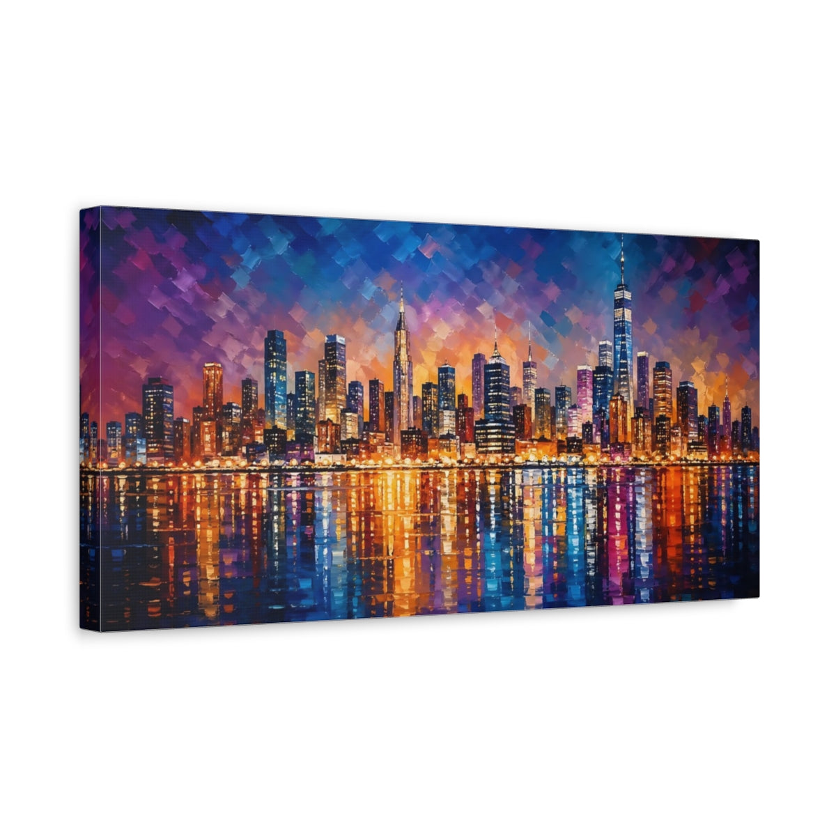 Side Mockup 3. Abstract City Skyline Blue And Orange Cityscape shown as stretched canvas wall art