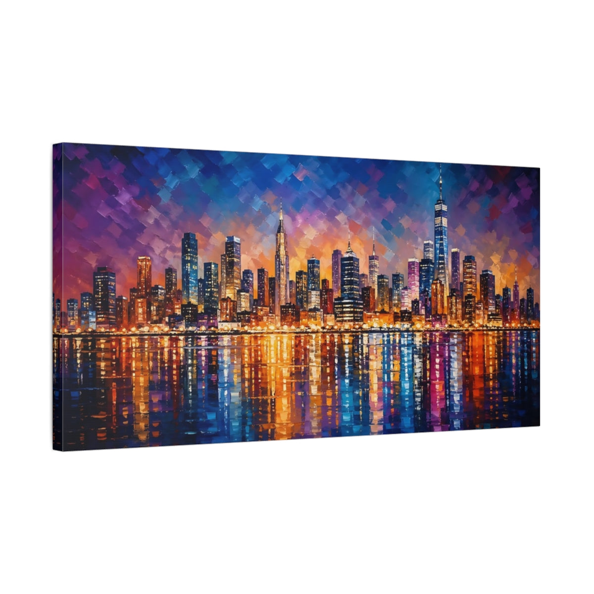Side Mockup 1. Abstract City Skyline Blue And Orange Cityscape shown as stretched canvas wall art