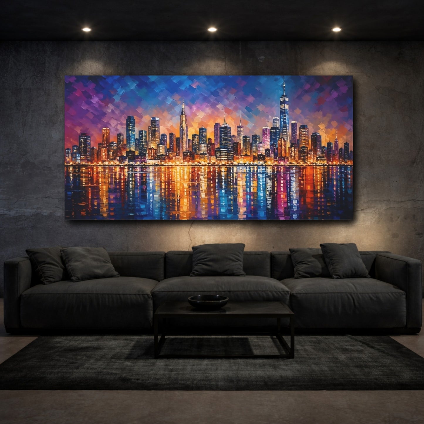 Mockup 2. Abstract City Skyline Blue And Orange Cityscape shown as stretched canvas wall art