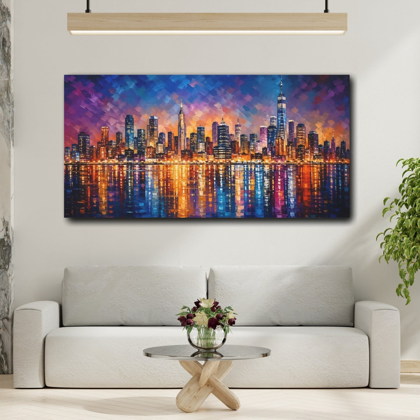 Mockup 3. Abstract City Skyline Blue And Orange Cityscape shown as stretched canvas wall art