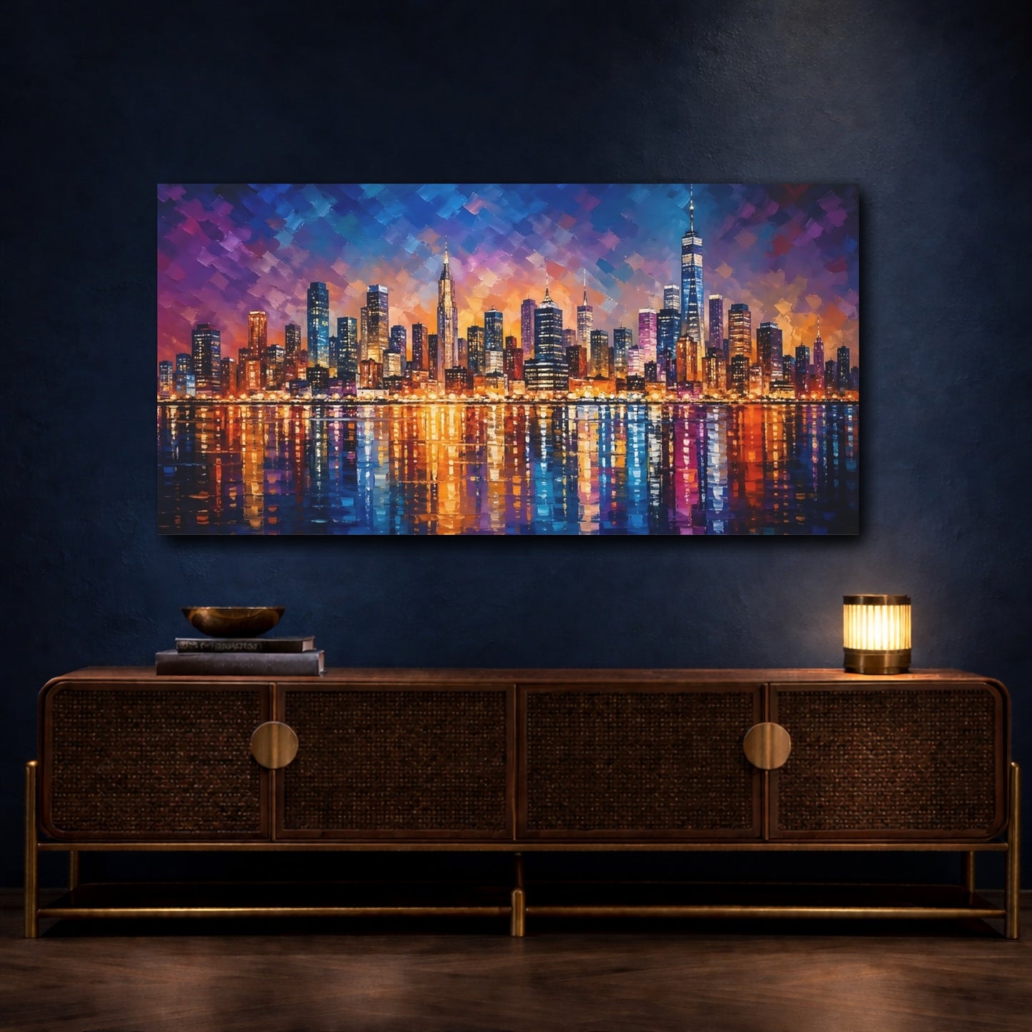 Mockup 4. Abstract City Skyline Blue And Orange Cityscape shown as stretched canvas wall art
