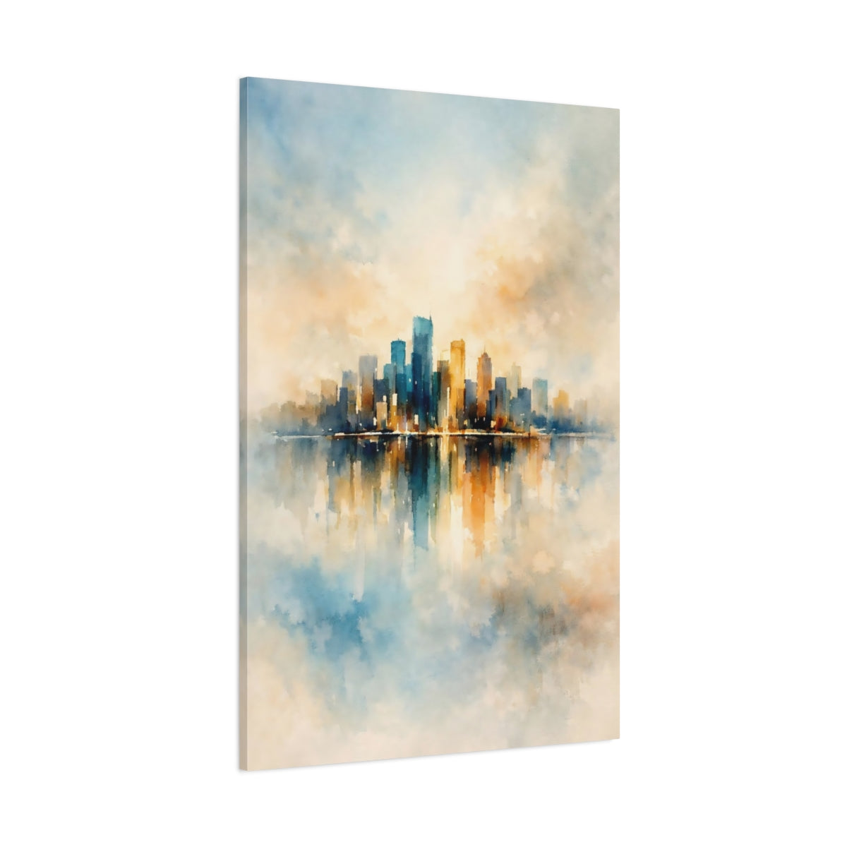 Main Mockup. Abstract City Skyline Blue Orange Cityscape shown as stretched canvas wall art