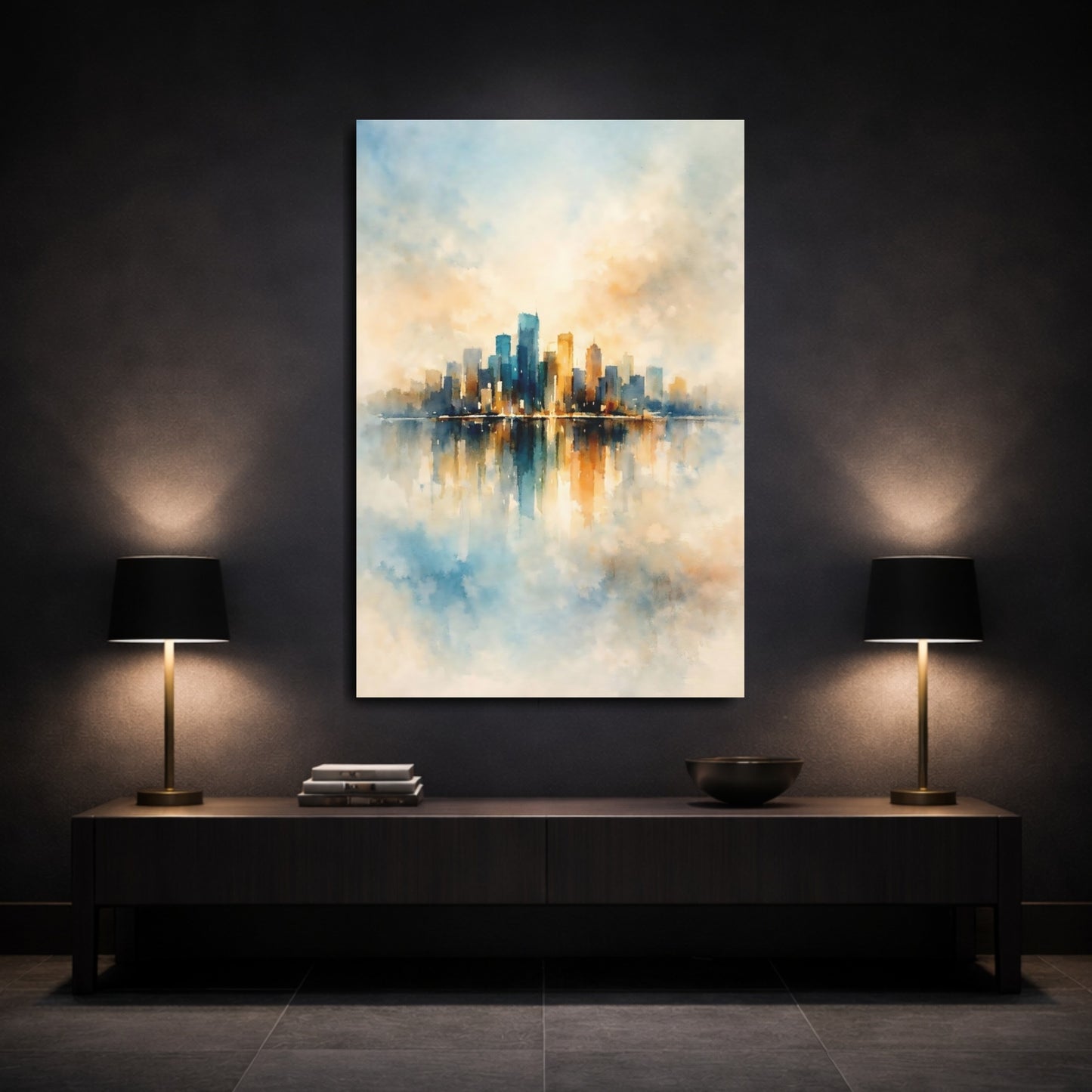 Mockup 2. Abstract City Skyline Blue Orange Cityscape shown as stretched canvas wall art