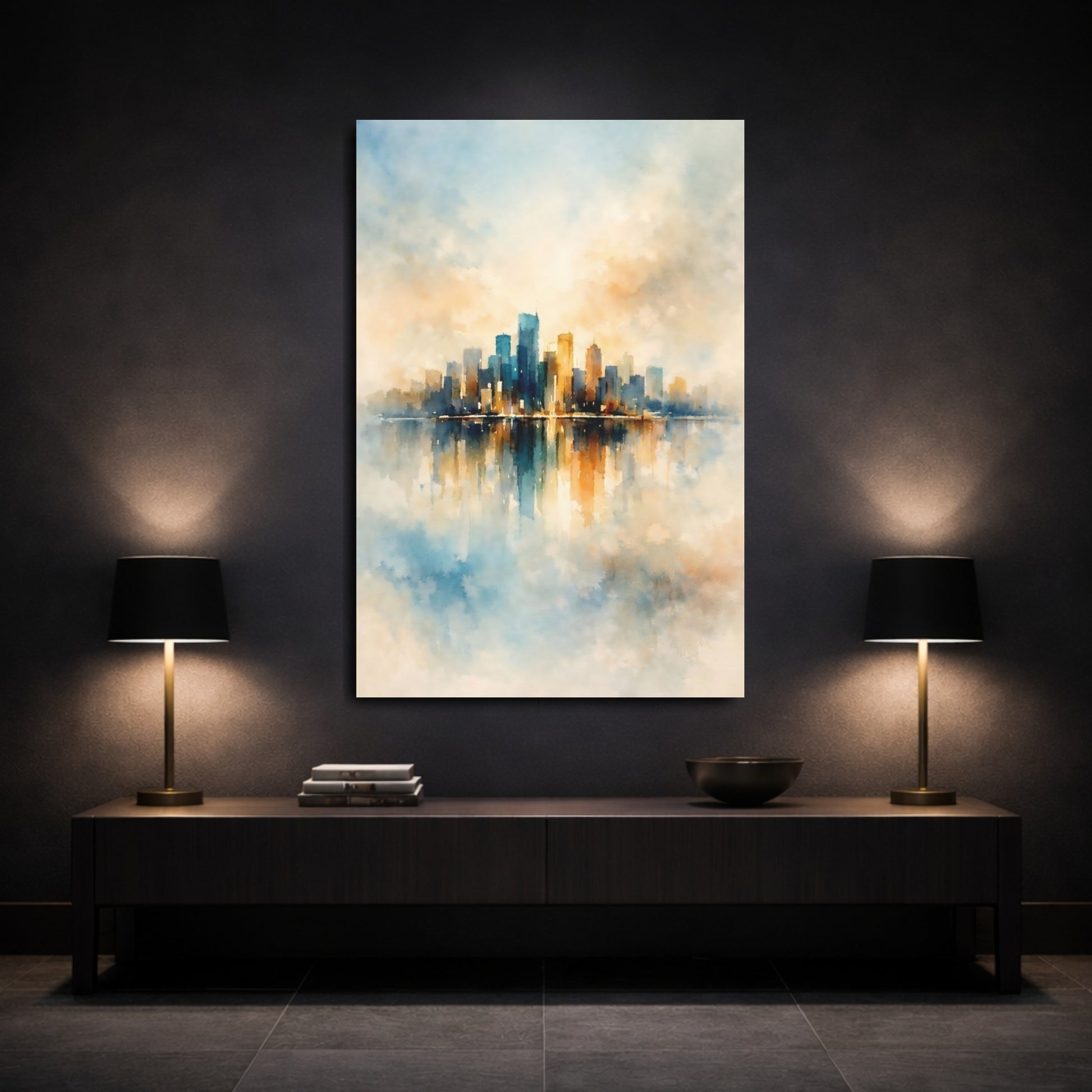 Mockup 2. Abstract City Skyline Blue Orange Cityscape shown as stretched canvas wall art