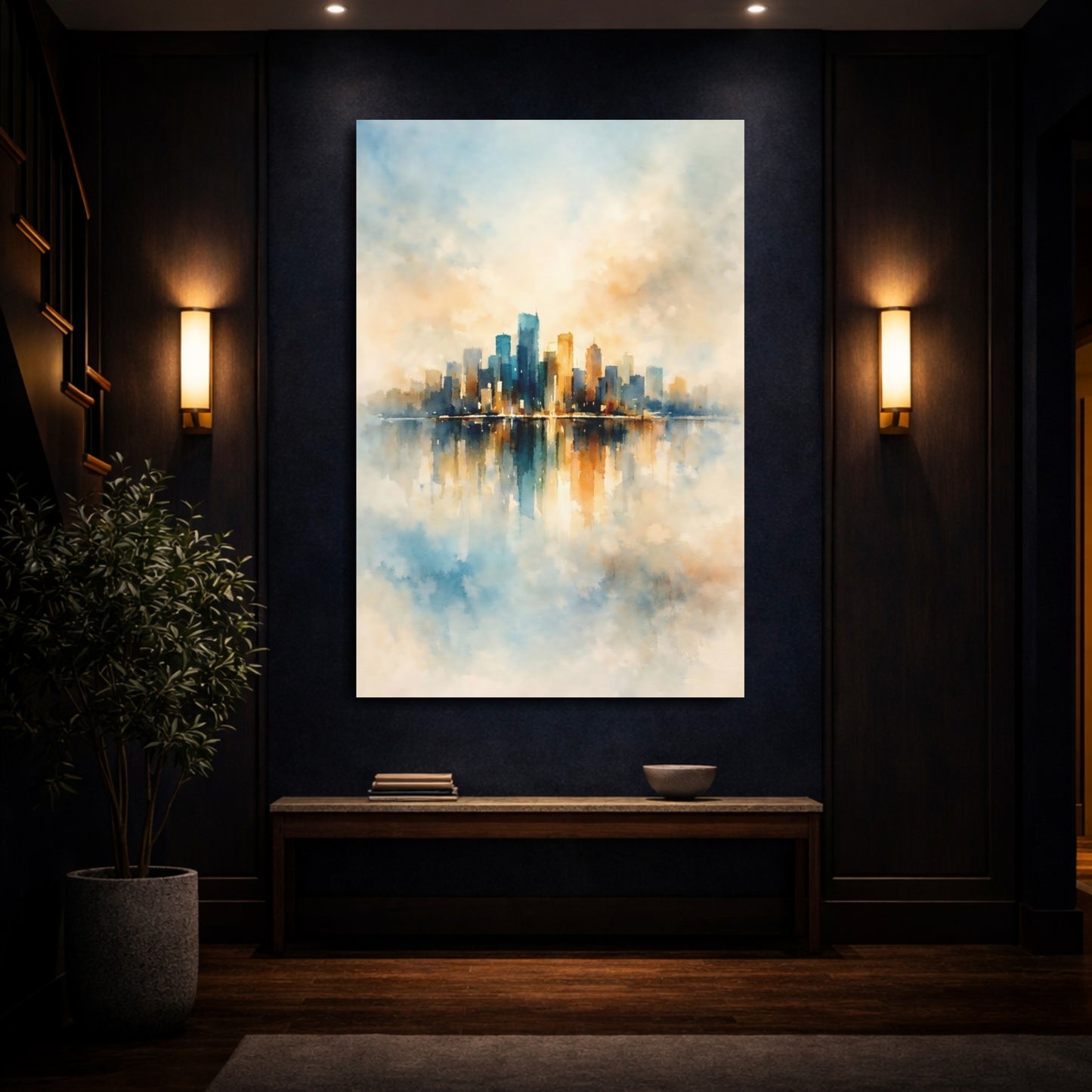 Mockup 3. Abstract City Skyline Blue Orange Cityscape shown as stretched canvas wall art