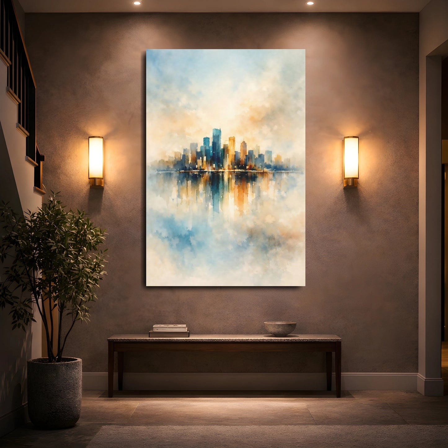 Mockup 4. Abstract City Skyline Blue Orange Cityscape shown as stretched canvas wall art