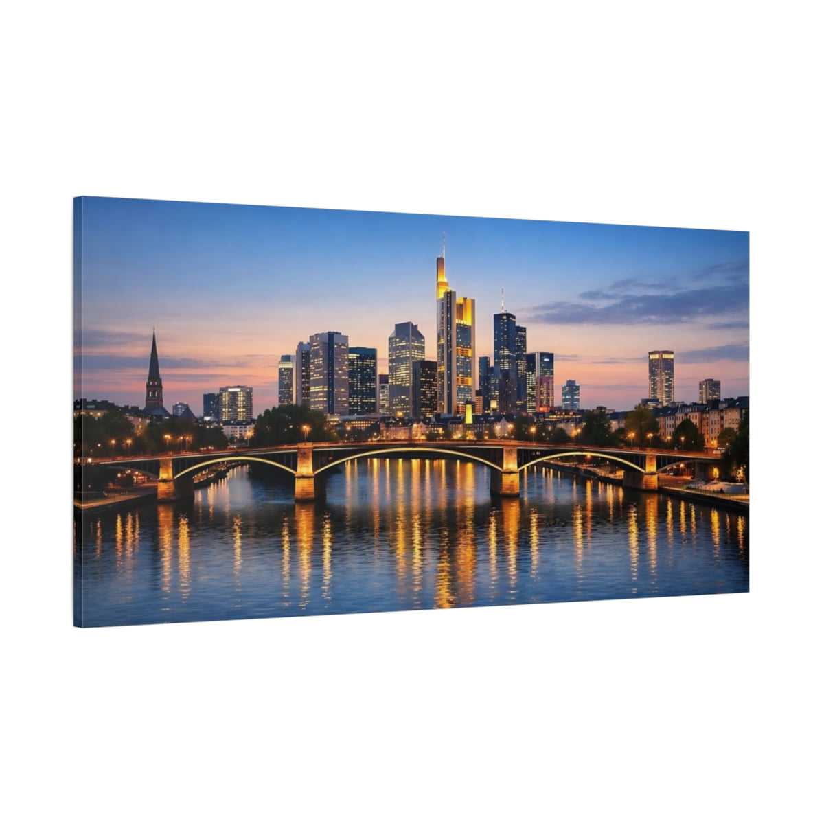 Main Mockup. Abstract City Skyline City At Dusk shown as stretched canvas wall art