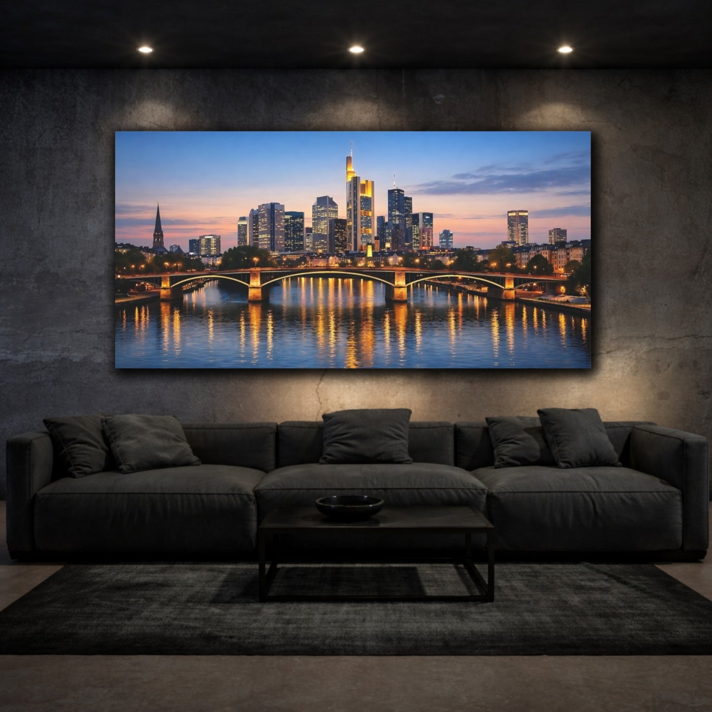 Mockup 2. Abstract City Skyline City At Dusk shown as stretched canvas wall art