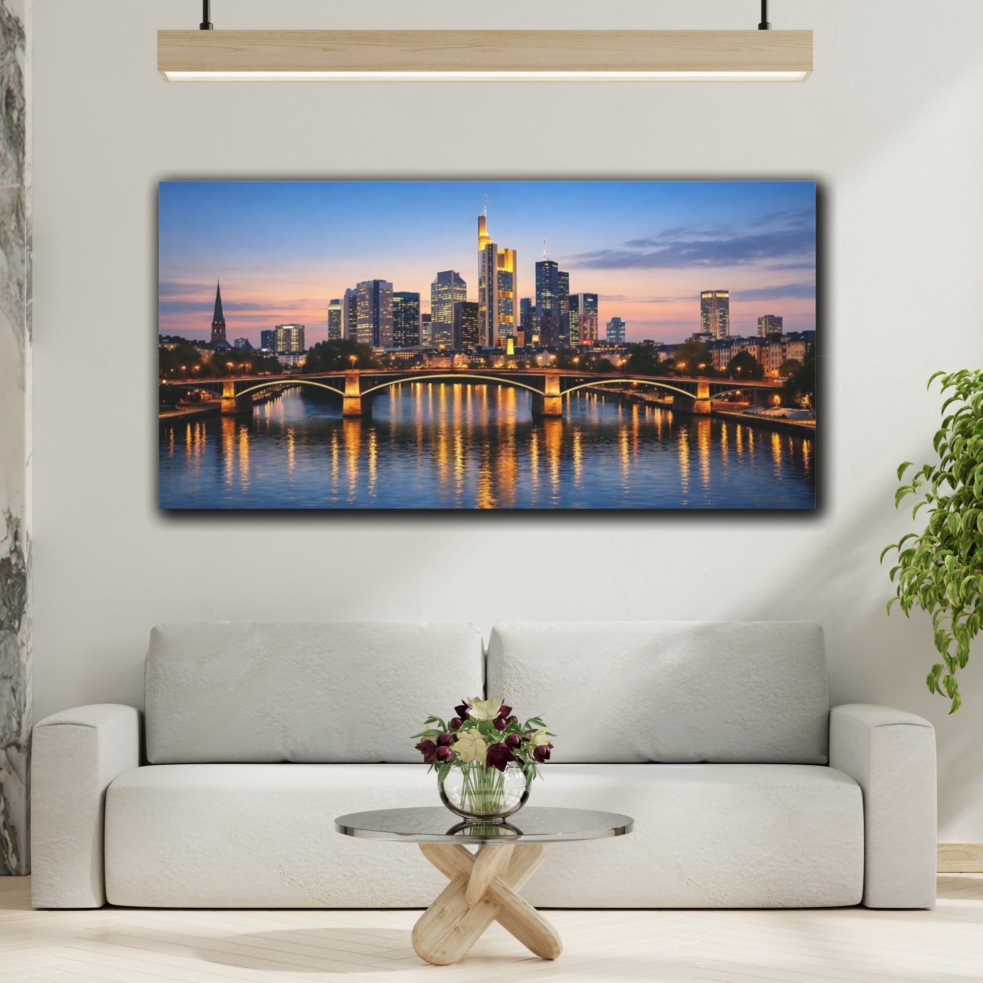 Mockup 3. Abstract City Skyline City At Dusk shown as stretched canvas wall art