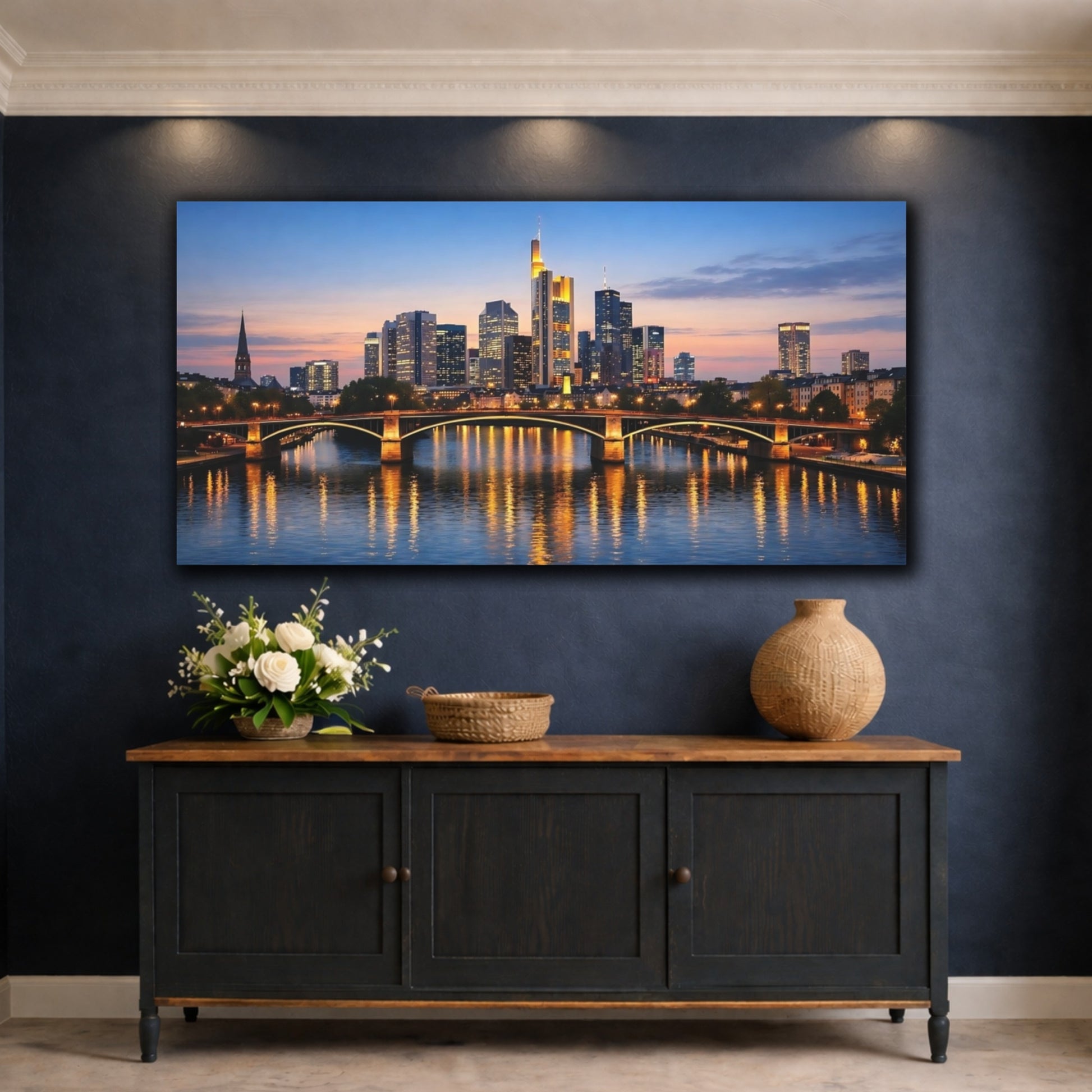 Mockup 4. Abstract City Skyline City At Dusk shown as stretched canvas wall art