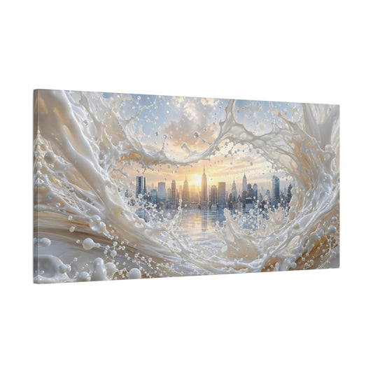 Main Mockup. Abstract City Skyline Cream And Gold shown as stretched canvas wall art