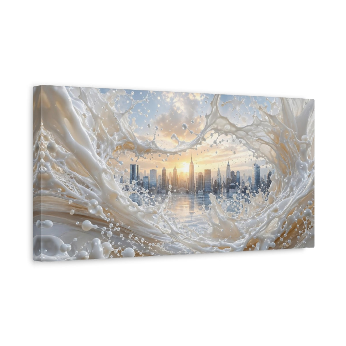 Side Mockup 3. Abstract City Skyline Cream And Gold shown as stretched canvas wall art