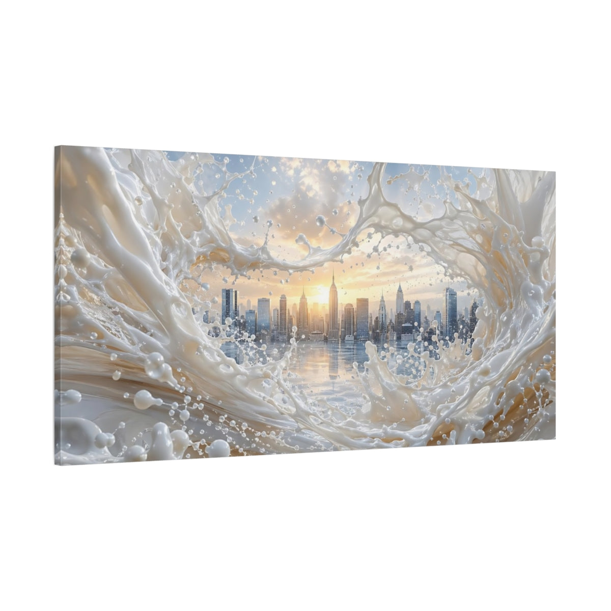 Side Mockup 2. Abstract City Skyline Cream And Gold shown as stretched canvas wall art