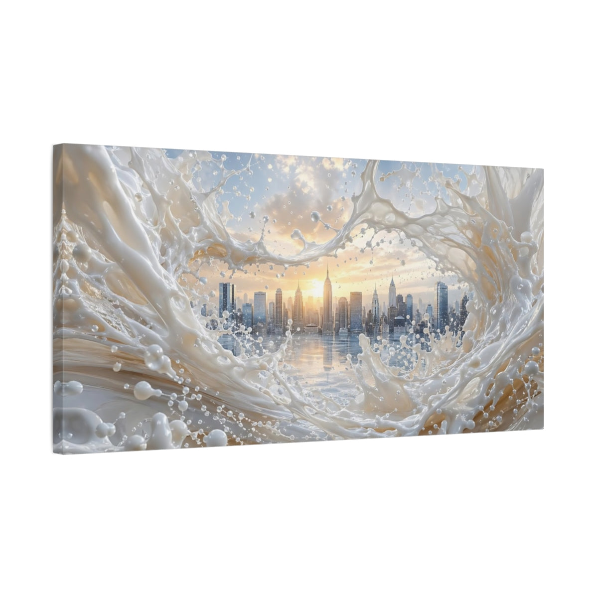 Side Mockup 1. Abstract City Skyline Cream And Gold shown as stretched canvas wall art