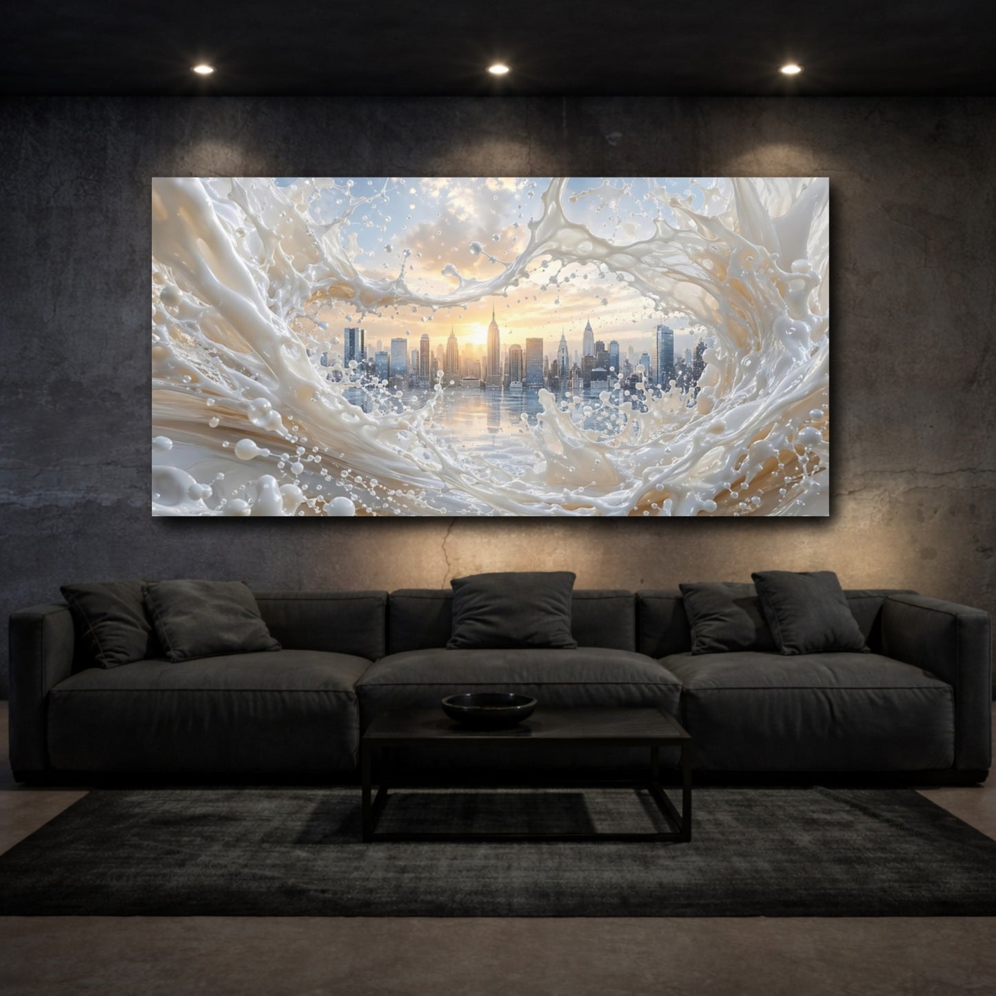 Mockup 2. Abstract City Skyline Cream And Gold shown as stretched canvas wall art