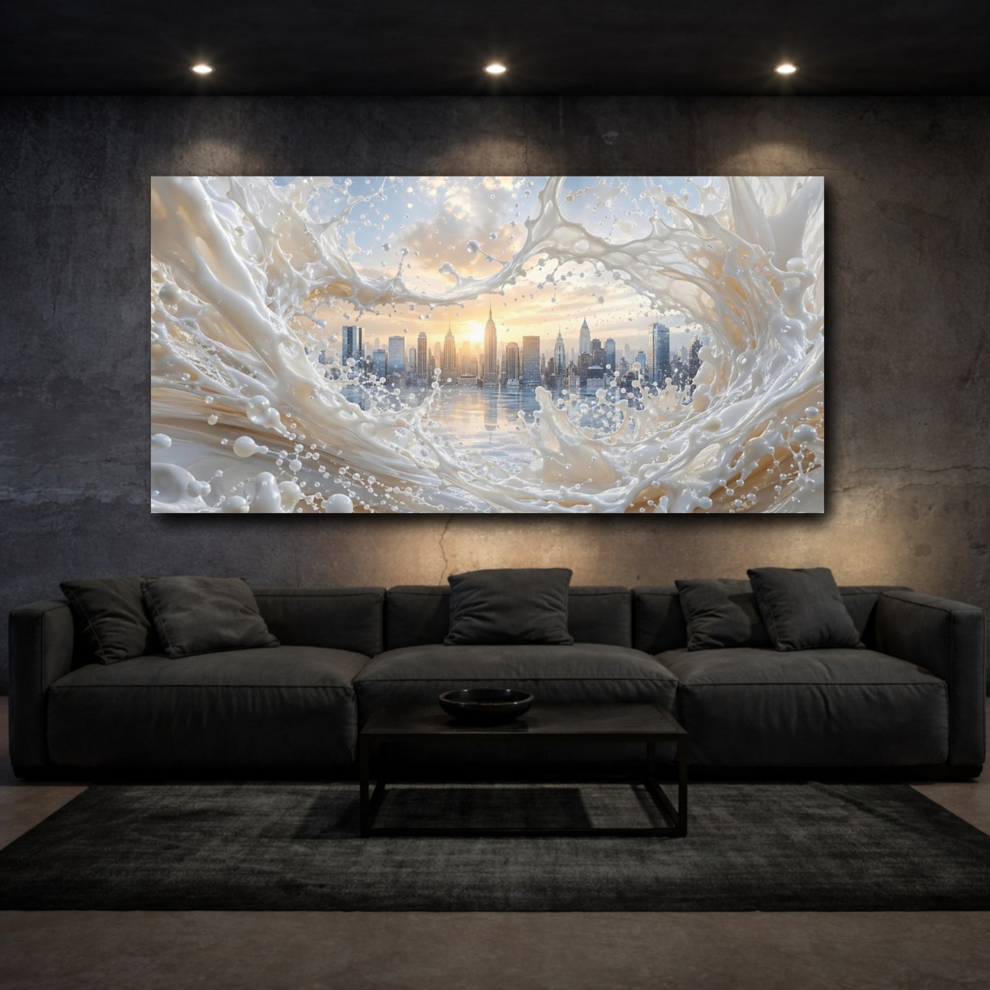 Mockup 2. Abstract City Skyline Cream And Gold shown as stretched canvas wall art