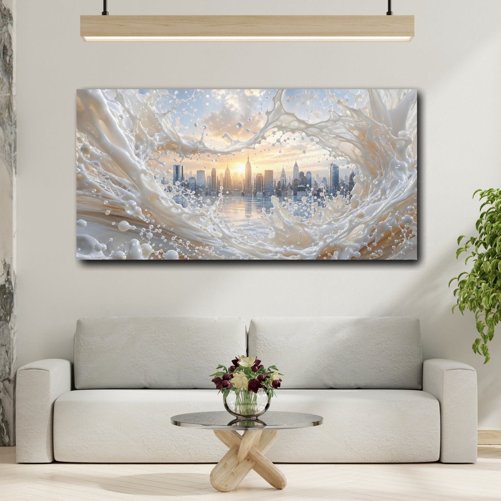 Mockup 3. Abstract City Skyline Cream And Gold shown as stretched canvas wall art
