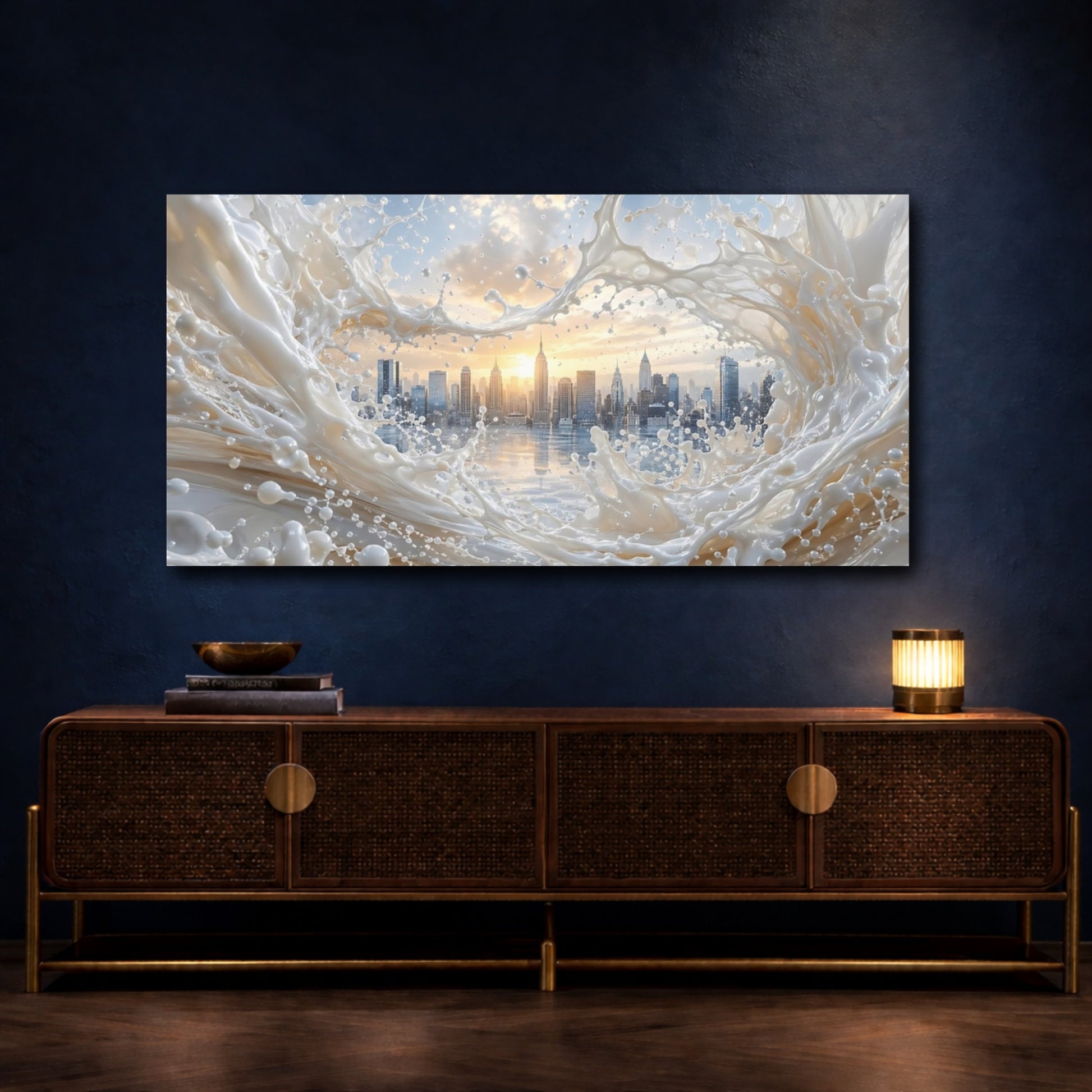 Mockup 4. Abstract City Skyline Cream And Gold shown as stretched canvas wall art
