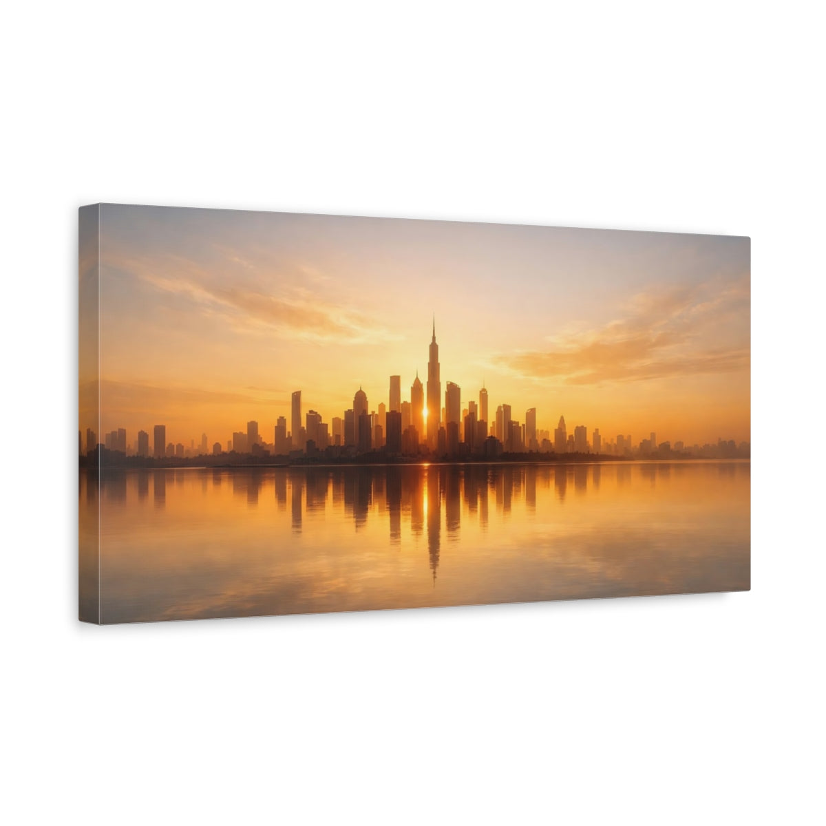 Side Mockup 3. Abstract City Skyline Golden Cityscape shown as stretched canvas wall art
