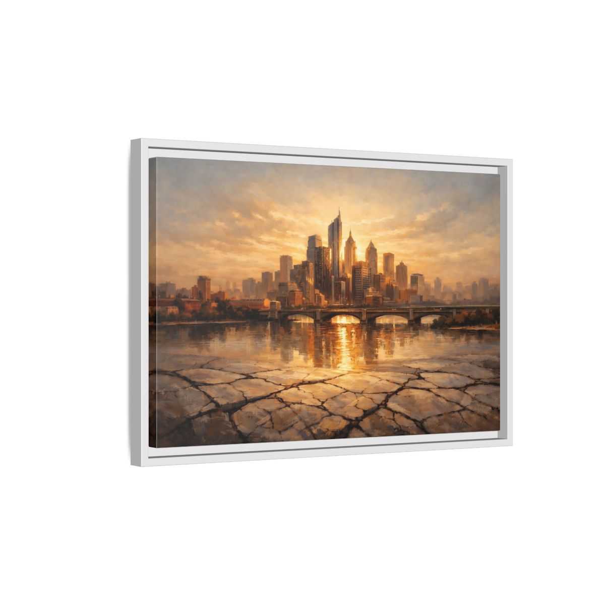 Side Mockup 1. Abstract City Skyline Golden Cityscape shown as stretched canvas wall art