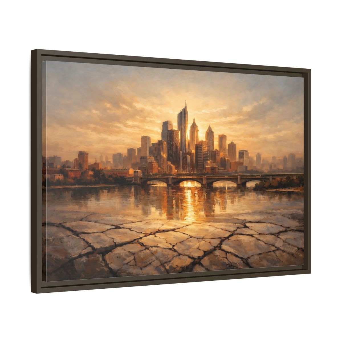 Side Mockup 11. Abstract City Skyline Golden Cityscape shown as stretched canvas wall art