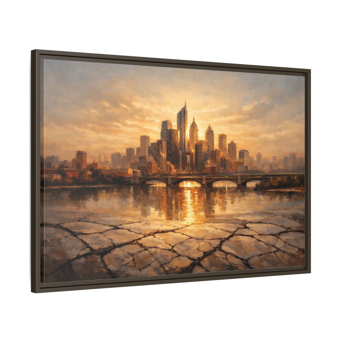 Side Mockup 9. Abstract City Skyline Golden Cityscape shown as stretched canvas wall art