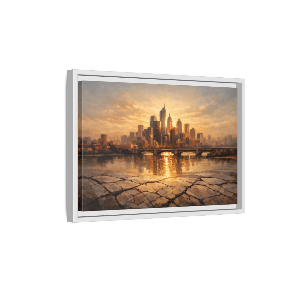 Side Mockup 4. Abstract City Skyline Golden Cityscape shown as stretched canvas wall art